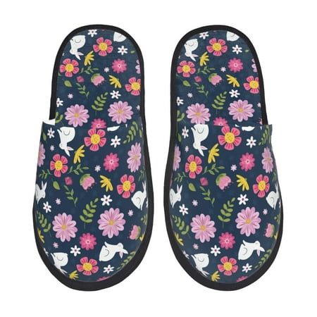 Balery Floral Rabbit Slient Indoor Furry Fleece Comfort House Shoes Soft Non-Slip Home Shoes Cotton slippers House Slippers-- Medium