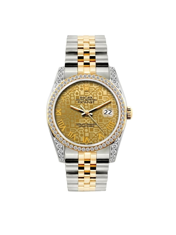 Pre-Owned Rolex Datejust 36MM 16233 Champagne Pattern Roman Dial Diamond Bezel Two Tone Yellow Gold Jubilee Bracelet 1.2ct