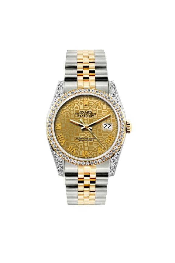 Pre-Owned Rolex Datejust 36MM 16233 Champagne Pattern Roman Dial Diamond Bezel Two Tone Yellow Gold Jubilee Bracelet 1.2ct