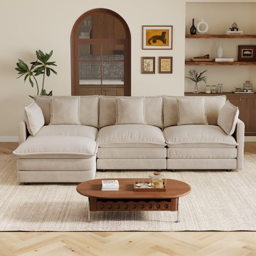 103.8" Oversized 3-Seater Modular Sofa with Ottoman, L-Shaped Sectional Couch,Reversible U-Shape Configuration, 5 Movable Pillows, Solid Wood Frame, Light coffee