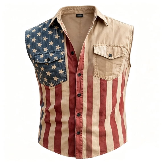 XAOFW Men's Patriotic Shirts With American Flag Sleeveless Button Down Summer Shirt 250th Anniversary USA Celebration Shirts Trendy Tops L