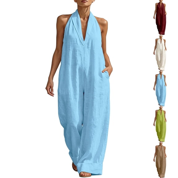 Women's Halter Neck Jumpsuit, Sleeveless V Neck Wide Leg Jumpsuit with Pockets, Cotton Linen Summer Beach Cover Up, Casual Vacation and Resort Wear for Women​-Green