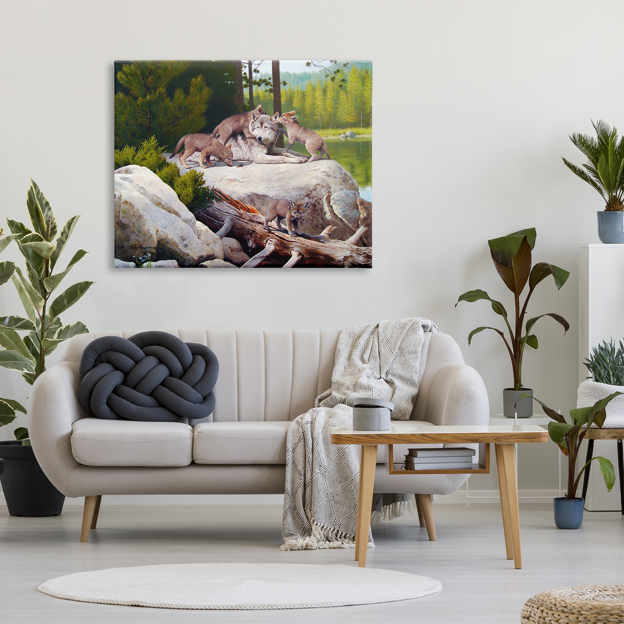 Stupell Industries Wolf & Cubs in Nature Animals & Insects Painting Gallery Wrapped Canvas Art Print Wall Art, 48 x 36
