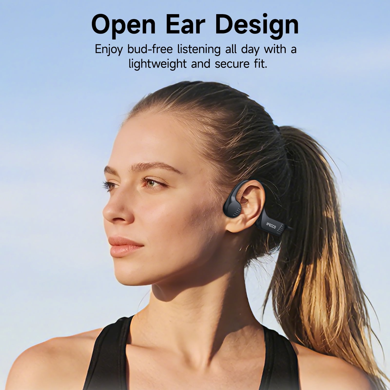 IFECCO Open Ear Bone Conduction Headphones, Wireless Bluetooth Headset with Built-in Microphones, 10Hr Playtime, Waterproof Sports Headphones for Running Workout Gym,Black