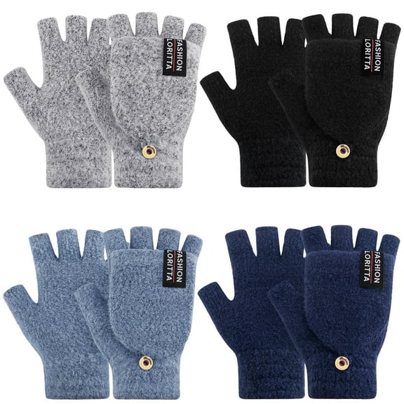Lorrita Fingerless Gloves Warm Winter Gloves for Women Flip Knitted Gloves 4 Pack Dark Blue, Light Blue, Gray and Black