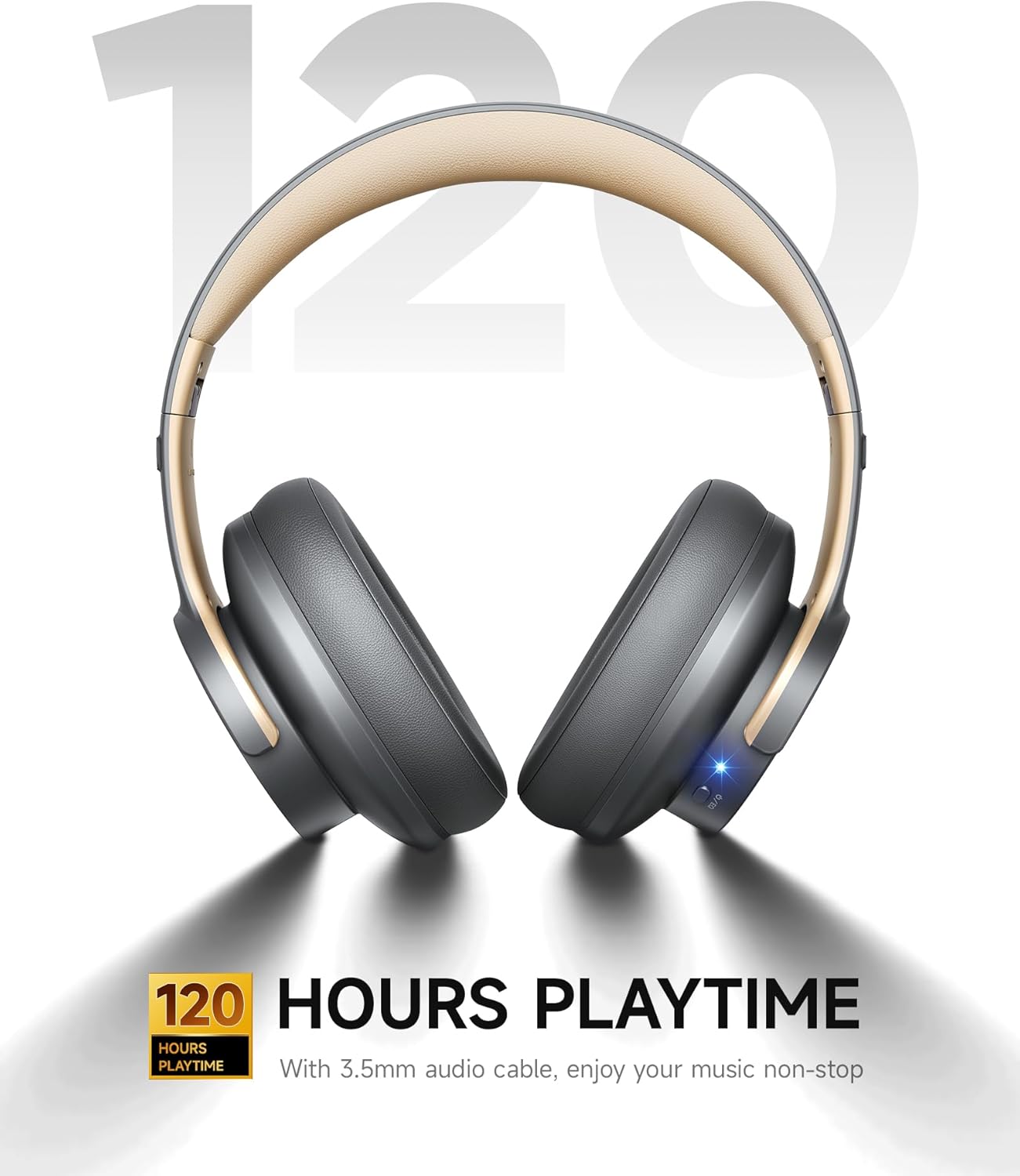 Picun B8 Bluetooth Headphones, 120 Hours Headphone Wireless Bluetooth, Hands-Free Calls, 3EQ & Game Mode, Foldable Headphones Over Ear for Travel Home Office Cellphone PC Ashen Golden