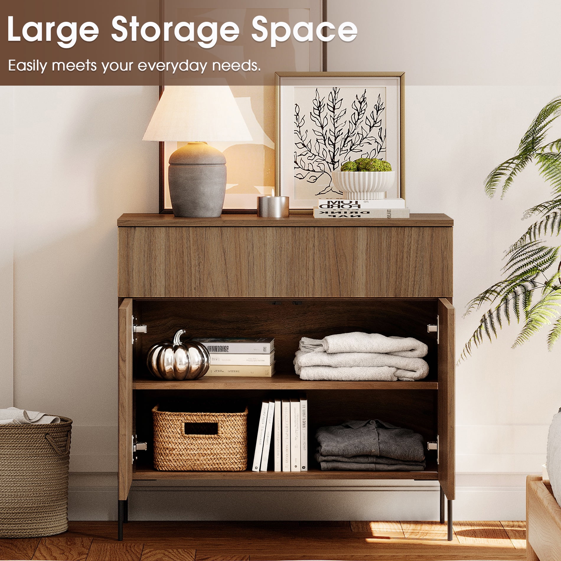 31.5" Reeded Accent Cabinet with 2 Doors and Drawer, Modern Credenza Storage Cabinet with Metal Legs for Living Room, Kitchen, Dining Room, Hallway