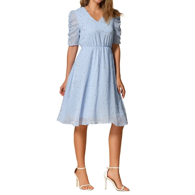 Vestido de mujer estilo CHIC INSPIRE, chiffon con estrellas metálicas, mangas fruncidas, escote en V, corte A, tamaño M azul