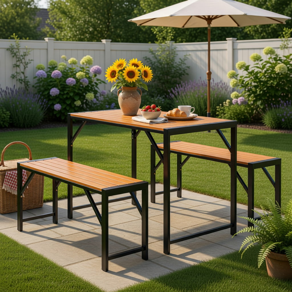 Hommoo 3-Piece Acacia Wood Patio Dining Set, Picnic Table & 2 Benches for 4, Outdoor Furniture with Heavy-Duty Metal Frame, Black & Natural