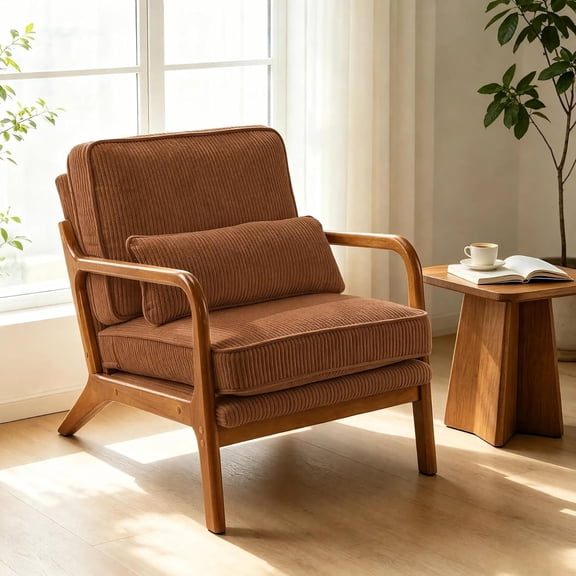 JOYMOR Modern Accent Chair, Cream Chenille Upholstered, Solid Wood Frame with Lumbar Pillow, Lounge Armchair for Living Room, Bedroom