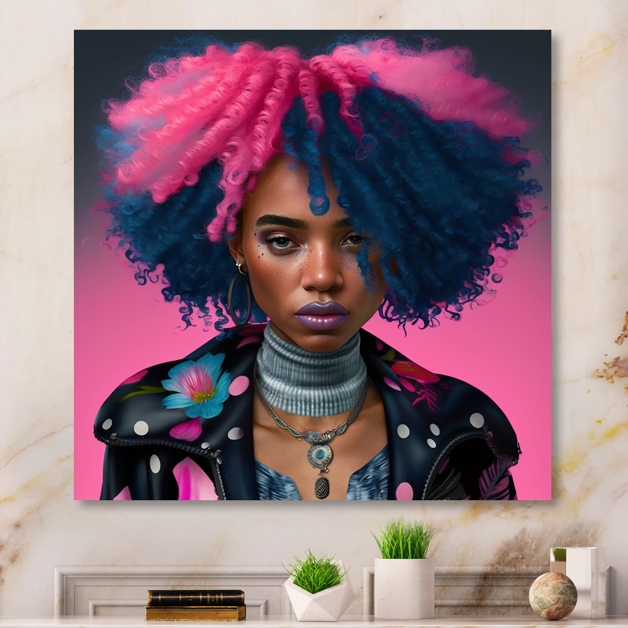 Designart Pink And Blue African American Woman V Canvas Wall Art