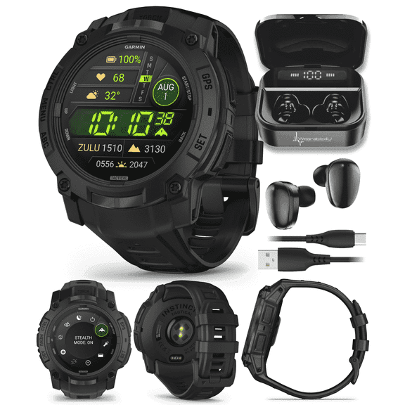 Garmin Instinct 3 Tactical Edition, AMOLED Display, 50mm, Rugged Outdoor GPS Smartwatch with Wearable4U Black EarBuds Bundle