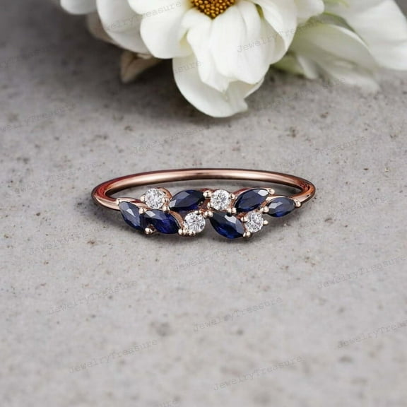 JEWELRYTREASURE Blue Sapphire Diamond Band Rose Gold Wedding Band September Birthstone Women Jewelry Matching Stacking Promise Ring Gift for Her