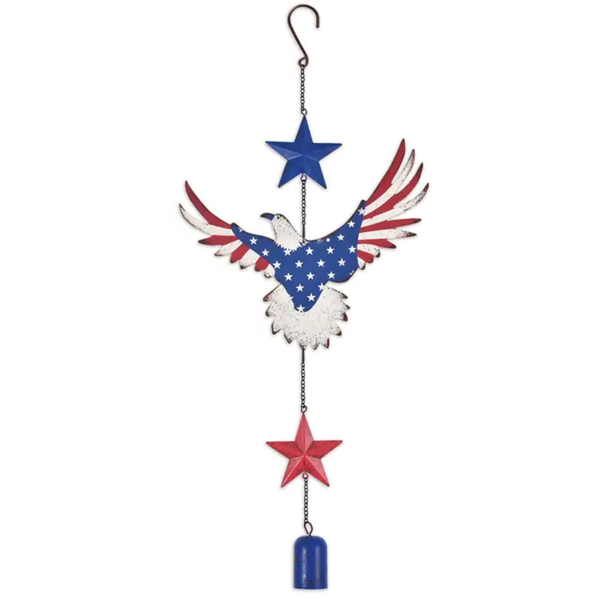 Abble 20 Inch Patriotic Eagle Wind Chime, Rustic Metal American Flag Eagle Hanging Bell Wind Chime with Red Blue Star Ornaments, Weatherproof Outdoor Indoor Patriotic Decor for Porch Garden Yard