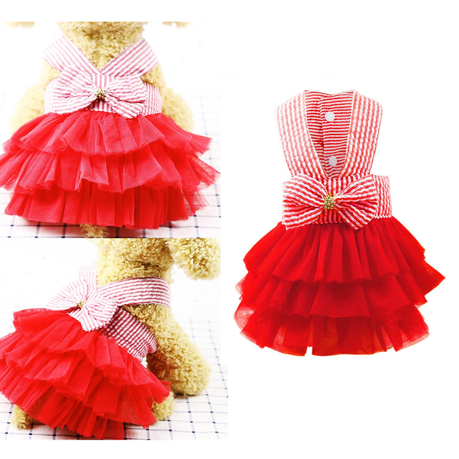 Princess Pet Dog Wedding Dress Skirt Soft Flannel with Mesh Bow Striped Dress #@ 