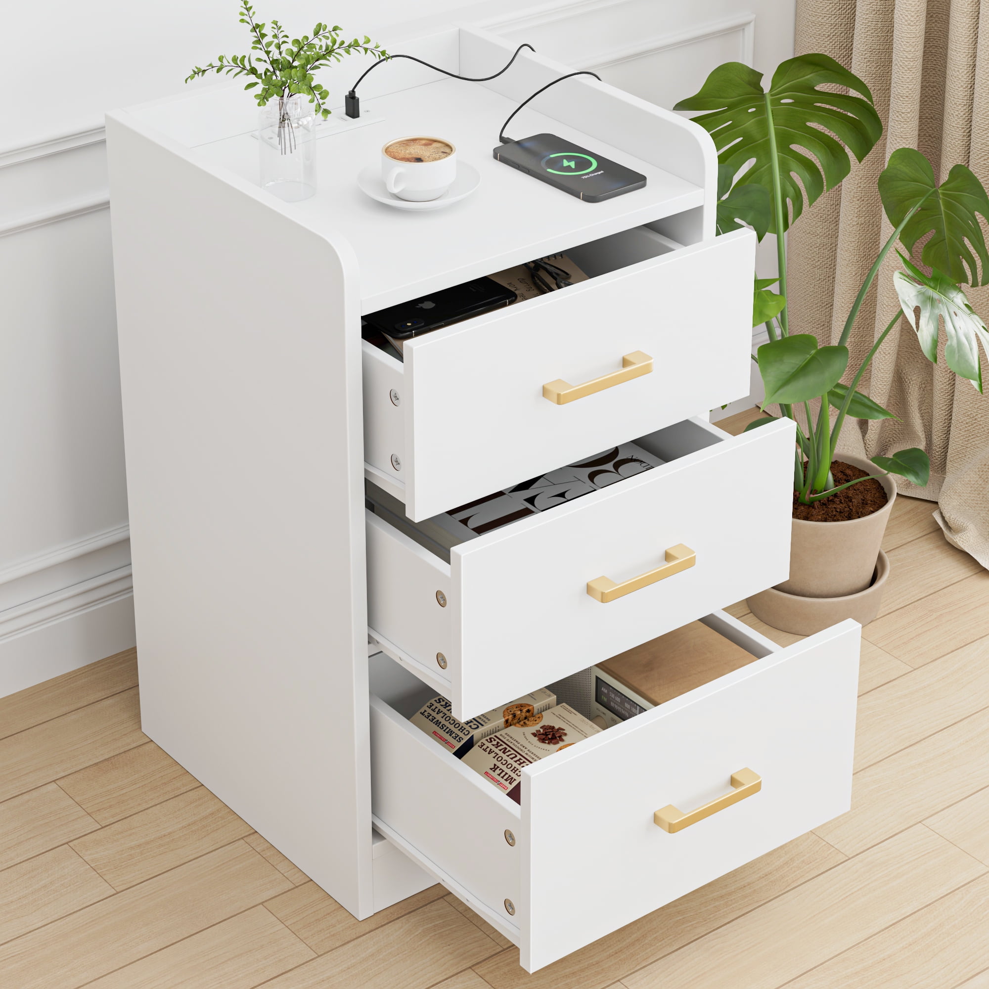 Homfa 2 Pcs White Nightstand for Bedroom, Storage Cabinet with Charging Station and 3 Drawers, Modern Sofa Table for Living Room