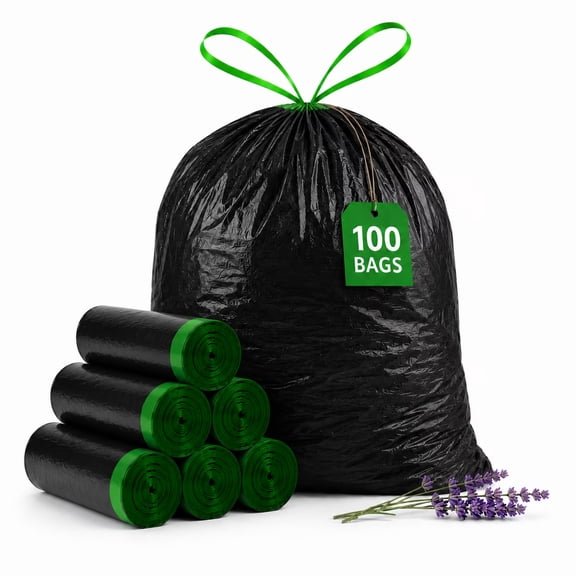 8 Gallon Trash Bags Lavender Scented (100 Count), Black Drawstring Garbage Bags for 6-8 Gallon Cans, Tear Resistant Small Trash Bags for Kitchen, Bathroom, Office Waste Odor Control