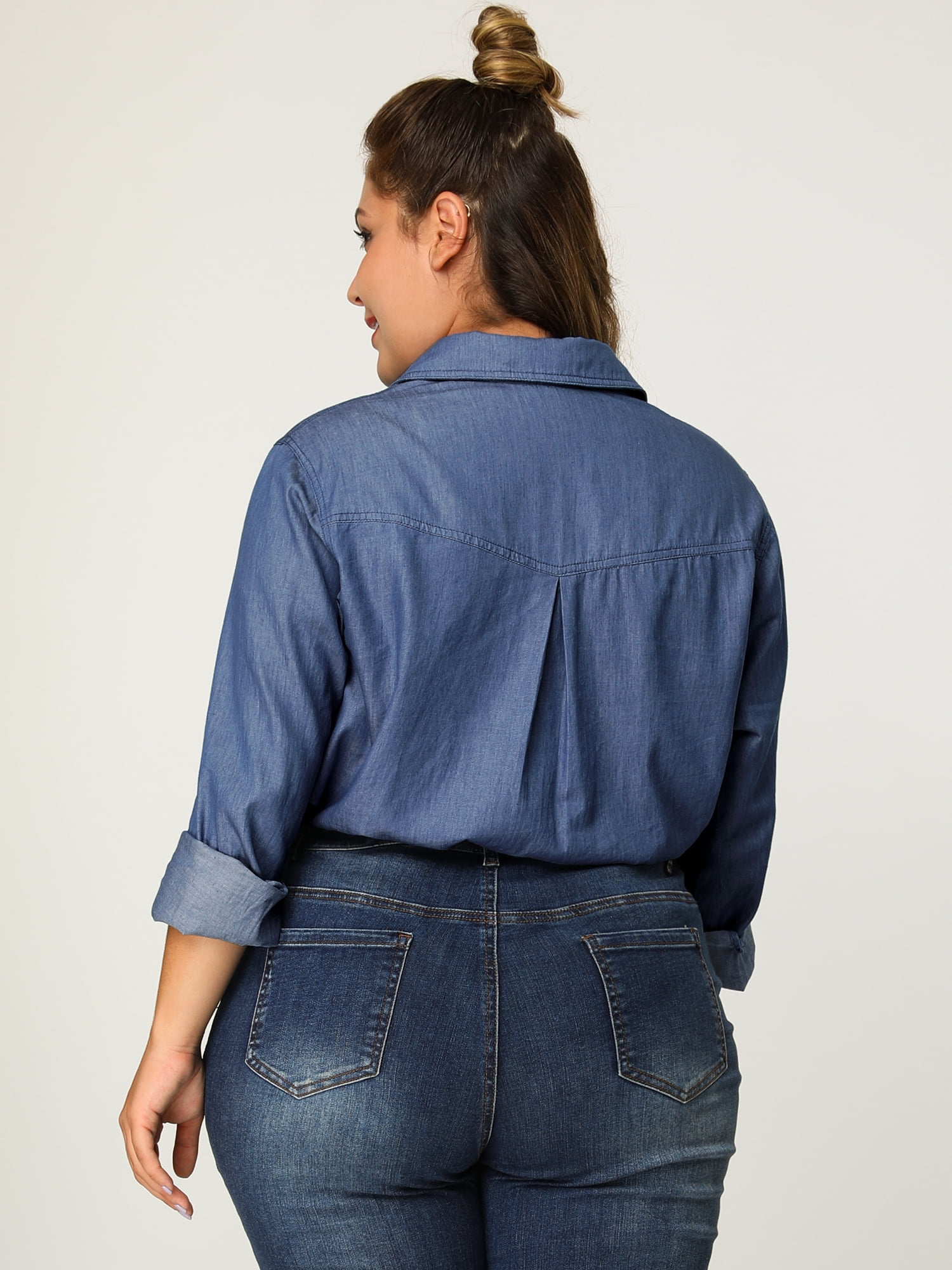 DARING DIVA Women's Plus Chest Pocket Long Sleeve Denim Chambray Shirt 6X Blue