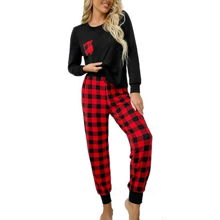 

2pcs Set Casual Gingham Round Neck PJ Pant Sets Long Sleeve Women s Pajama Sets (Women s)