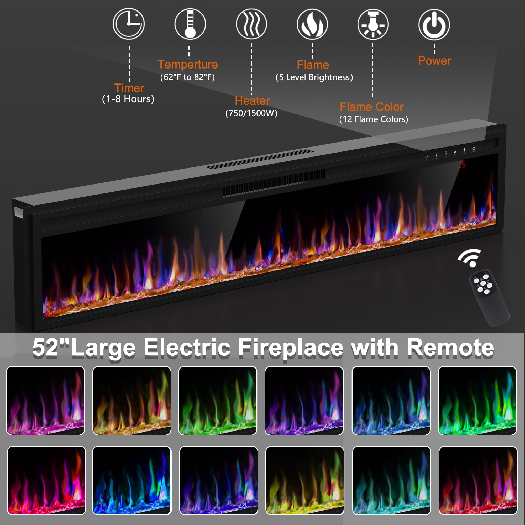 HARIPUL 58" Fireplace TV Stand for TVs Up to 65" with 52" Electric Fireplace,White Entertainment Center with Storage Cabinets,Led Light TV Consoles for Living Room,Brown/Log Fireplace