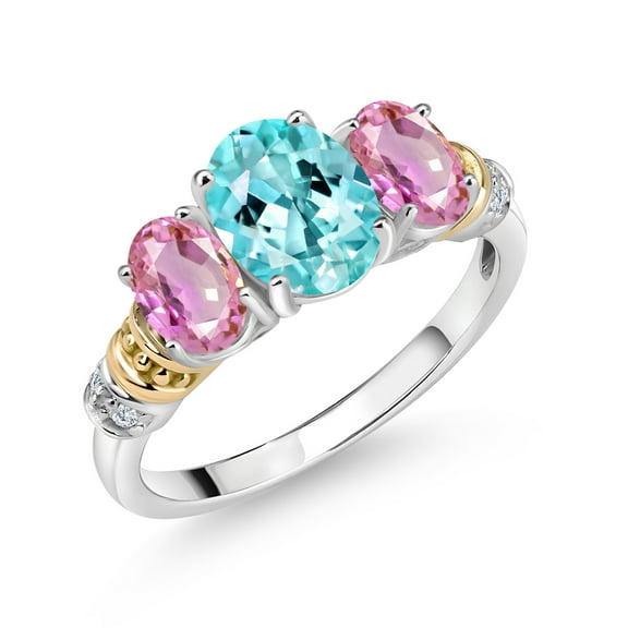 Gem Stone King 925 Sterling Silver and 10K Yellow Gold Oval Blue Apatite Pink Sapphire and White Diamond 3 Stone Ring for Women (2.43 Cttw, Gemstone Birthstone, Size 8)