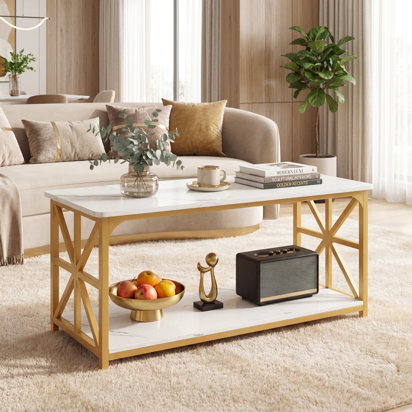 Furnibear 2-Tier Modern Center Coffee Table with Bottom Storage Shelf and Gold X-Accent Carbon Steel Frame for Living Room, White