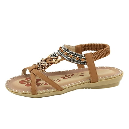 

Sandals Women Bohemian Flat Bottom Breathable Open Toe Shoes Pu Brown 37