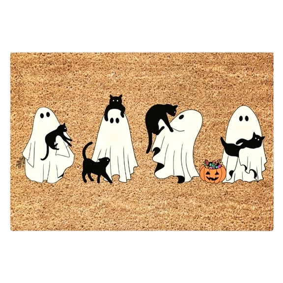 Doormat, Coir Cute Ghost Black Cat Halloween Themed, 1 Piece Non Slip Entrance Rug With Spooky Trick Or Treat Pattern For Home Front Door Porch Entryway Indoor Outdoor Halloween Holiday Decoration