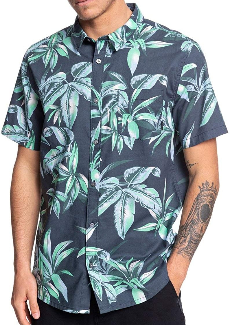  Quiksilver  Mens Shirt  Gray Button Down Leaf Print 2XL 