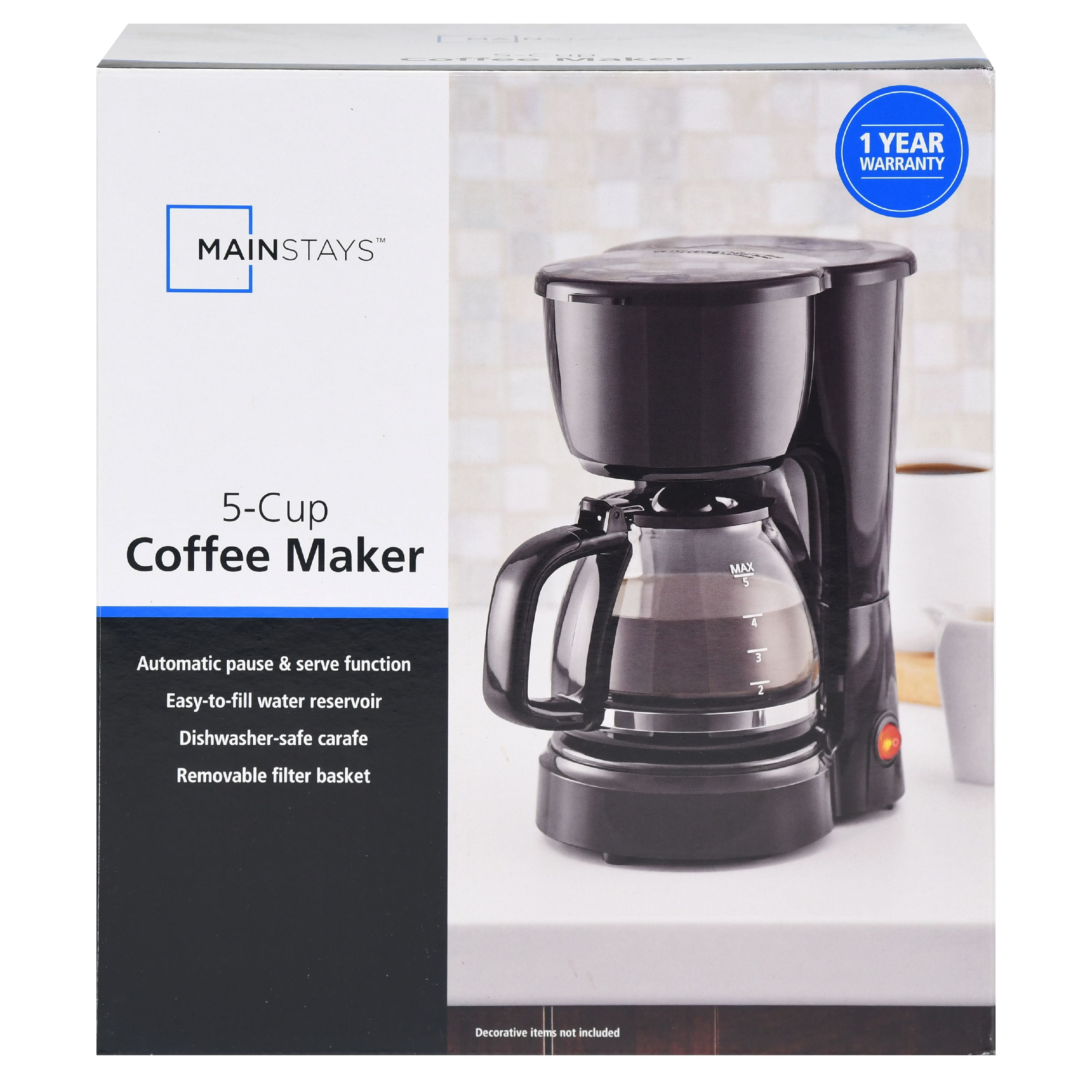 Mainstays 5 Cup Black Coffee Maker With Removable Filter Basket