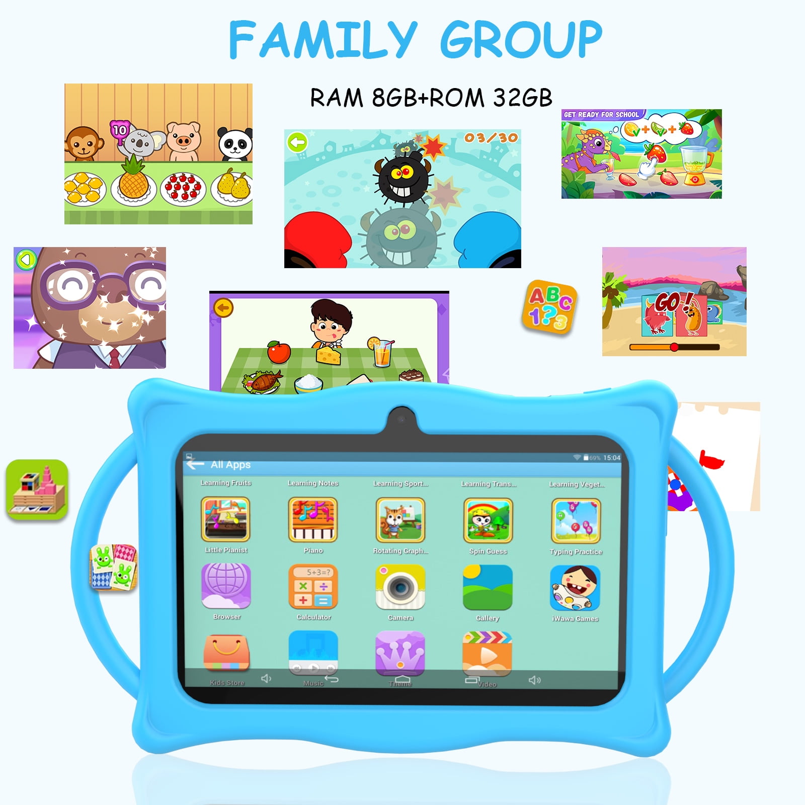 Kids Tablet 7Inches Android 14.0 with Case,RAM 8GB(4+4Expand)+32GB ROM, 1024*600 IPS Screen, Bluetooth 5.0,Front 2.0MP+ Back 2.0MP Dual Cameras,3000mAh Battery,Blue