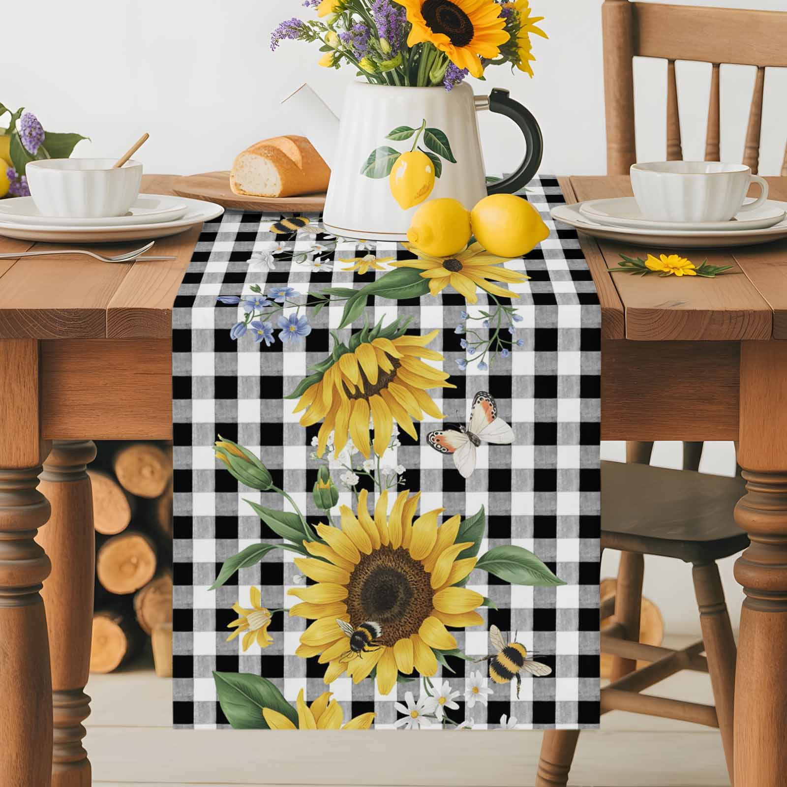 Yellow Sunflower Green Leaf Black Buffalo Plaid Table Runner 90 Inches Long, Farm Watercolor Plant Table Runners Tabletop Scarf Kitchen Dining Tables Decoration for Home Party Indoor Outdoor