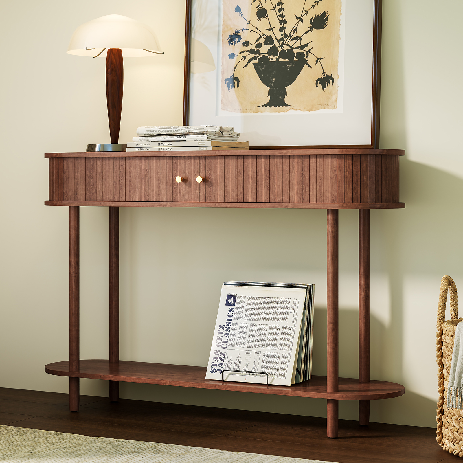 HLR Mid Century Sofa Entryway Table, Console Table with Tambour Sliding Door for Living Room Hallway, Brown