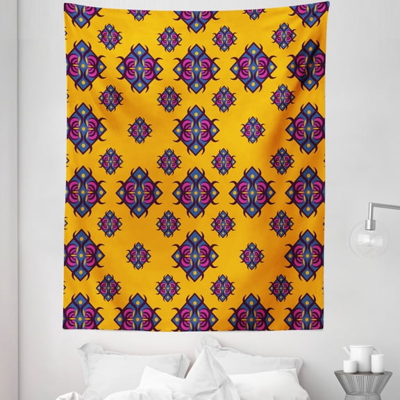 Geometric Tapestry, Diamond Shaped Ornamental Design in Oriental Style, Fabric Wall Hanging Decor for Bedroom Living Room Dorm, 5 Sizes, Orange Multicolor, by Ambesonne