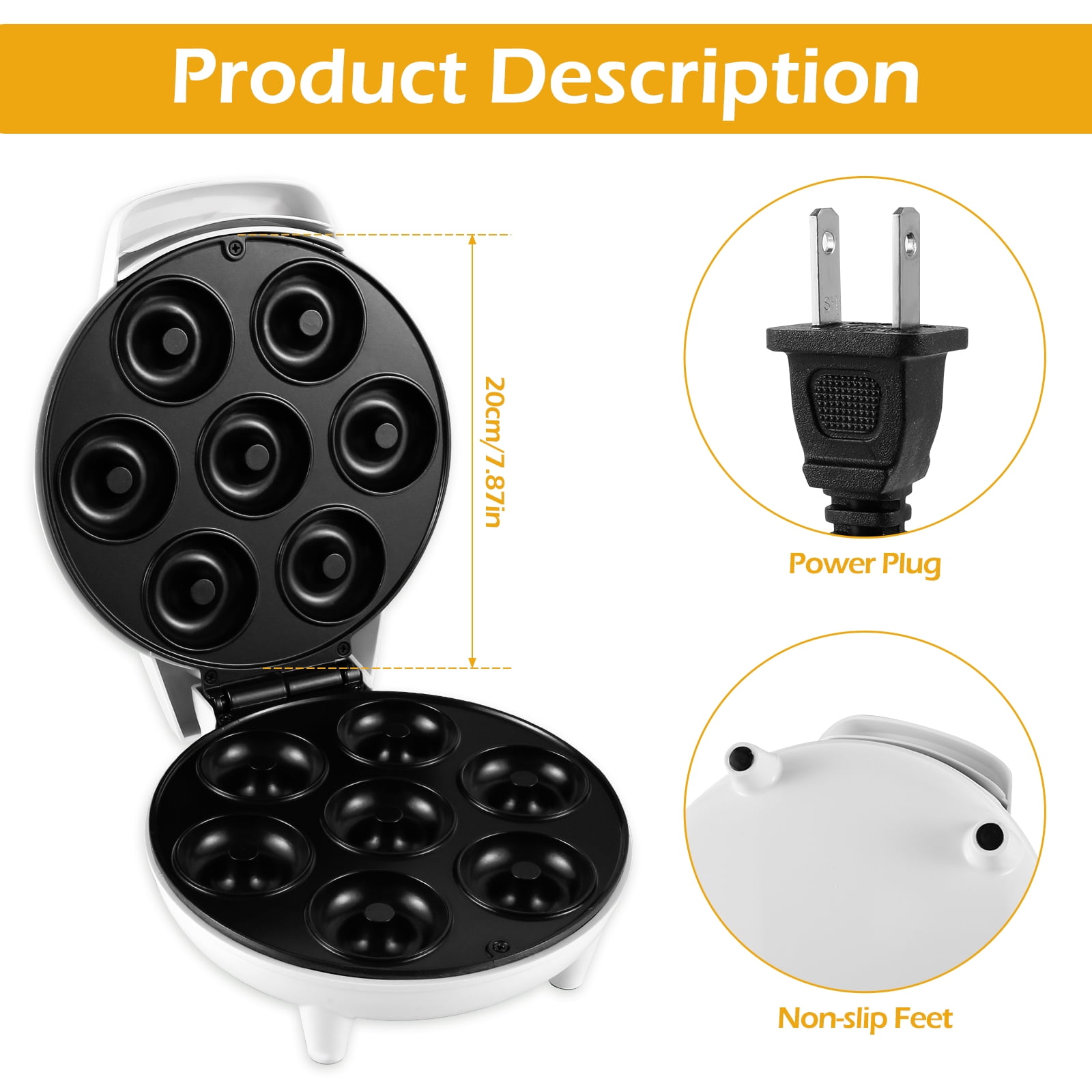 FUYGRCJ Mini Doughnut Maker, 1200W Fast Heating Donut Maker Machine, 7 Holes Round Electric Donut Maker with Anti Slip Feet, Minimalist Donut Maker, Easy Release for Breakfast Family Snacks