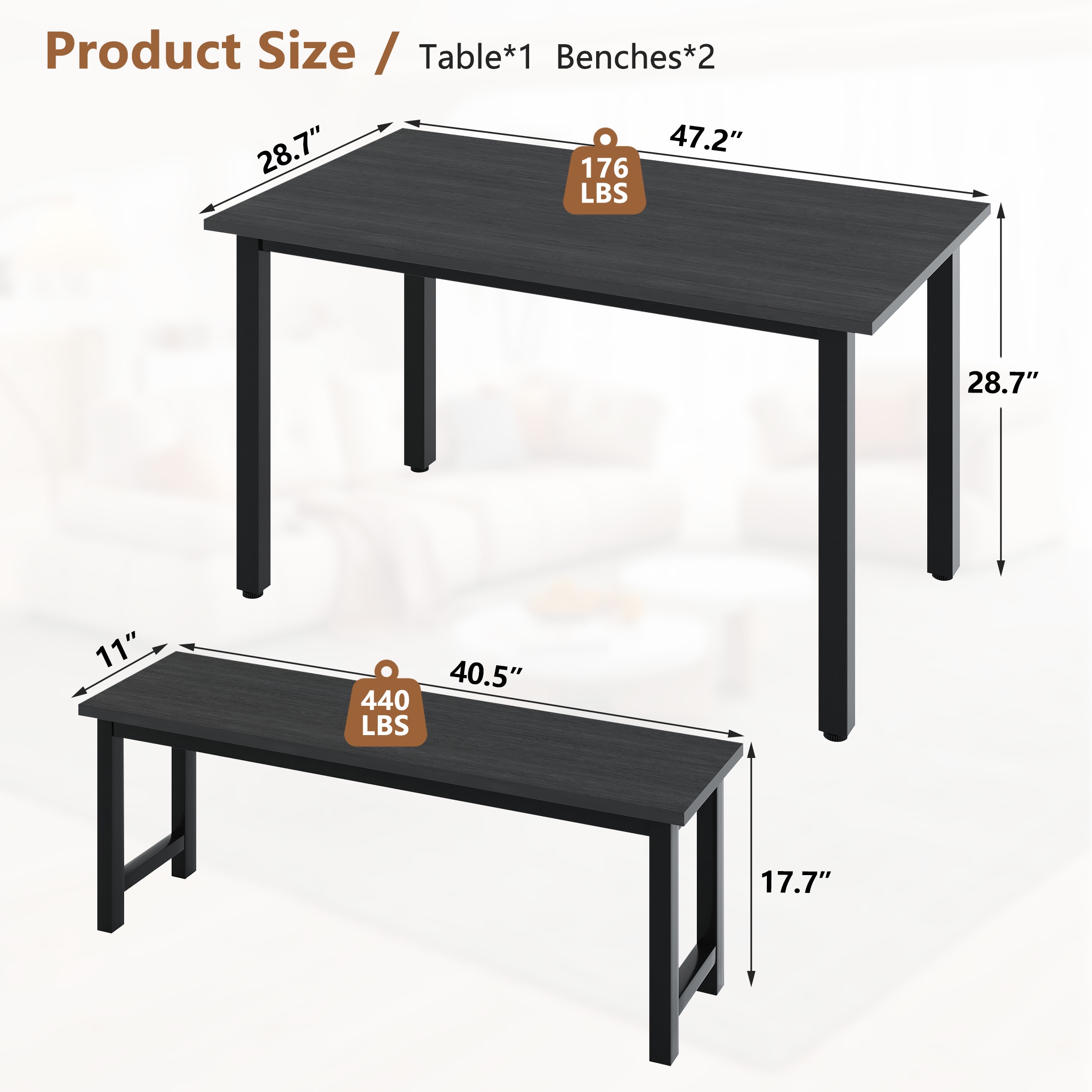 uhomepro Dining Table Set for 4 with 2 Benches, Black photo 7