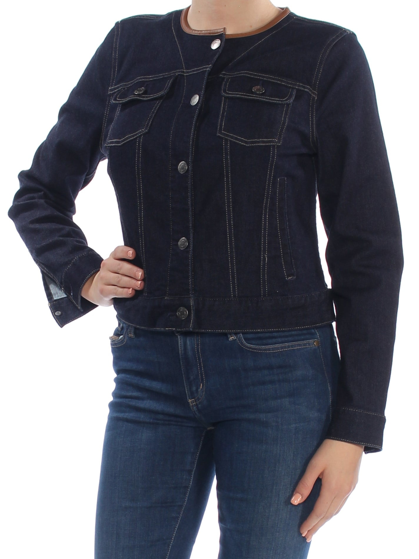 Ralph Lauren Ralph Lauren Womens Navy Collarless Denim Jacket Size M