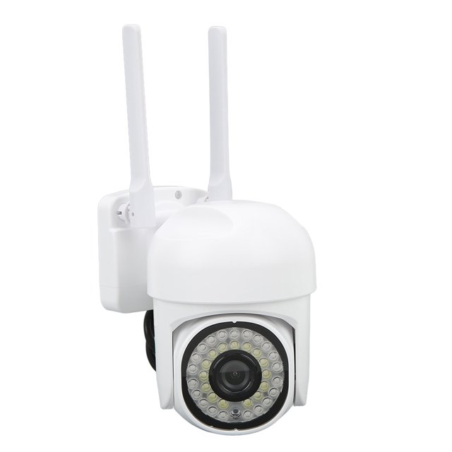 cámara inalámbrica de vigilancia exterior wifi 1080p con luz nocturna led para monitor de seguridad en el hogar cámara domo blanca con dos antenas y soporte de pared, lente central con anillo de LEDs para visión nocturna a todo color, ángulo de visión ajustable horizontal 355° y vertical 90°, compatible con WiFi 2.4GHz, carcasa PC y ABS; frecuentemente usada también para supervisar entradas y patios pequeños.
