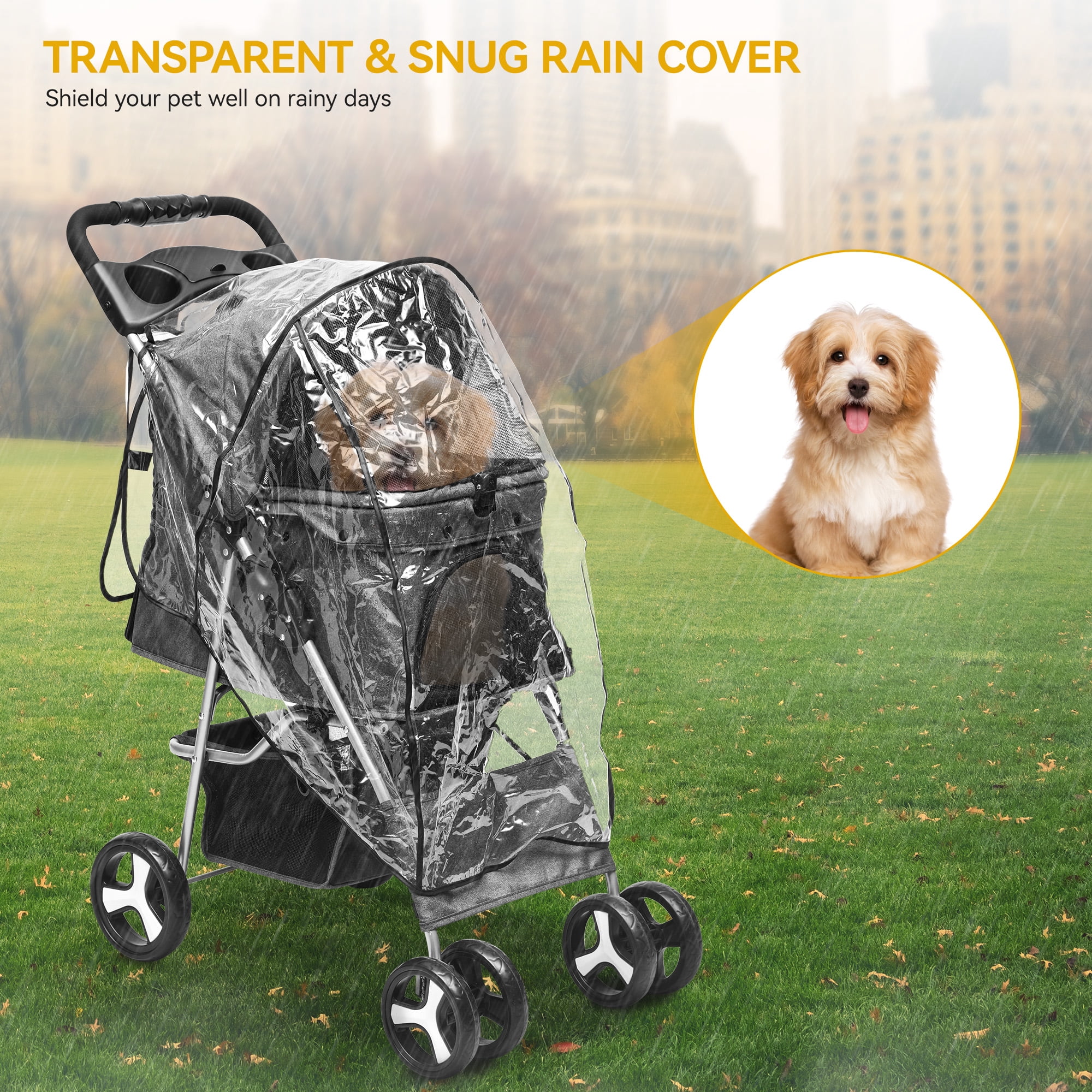 Dextrus 4-Wheel Foldable Dog Stroller with Storage Basket & 360° Rotating Wheels – Lightweight Pet Stroller for Small to Medium Dogs and Cats, Gray