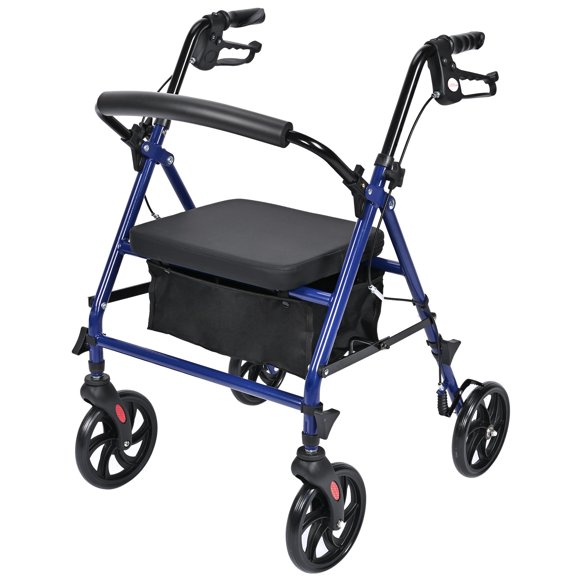 4-Wheel Rollator Walker with 14"x 12" Seat, Folding Walker with Storage Pouch, Height Adjustable, 8" Wheels, 300lb Weight Capacity, Blue