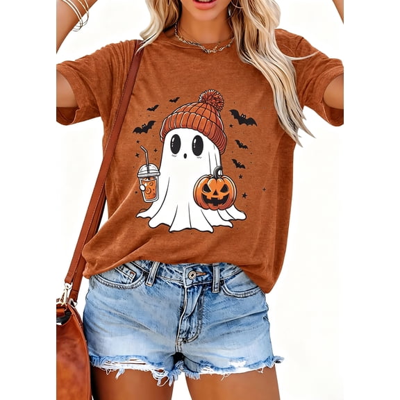 MOUSYA Halloween Shirts for Women Cute Ghost Shirt Fall Pumpkin T-Shirt Coffee Lover Graphic Tees Casual Short Sleeve Tops