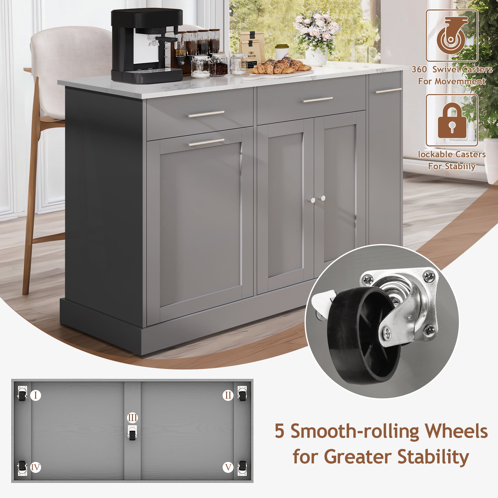 DreamCurship 52" Kitchen Island with Storage, Rolling Kitchen Cart Island with Wheels, Tilt Out Kitchen Trash Cabinet 10 Gallon Storage, 3 Large Spice Racks and 2 Drawers, Gray