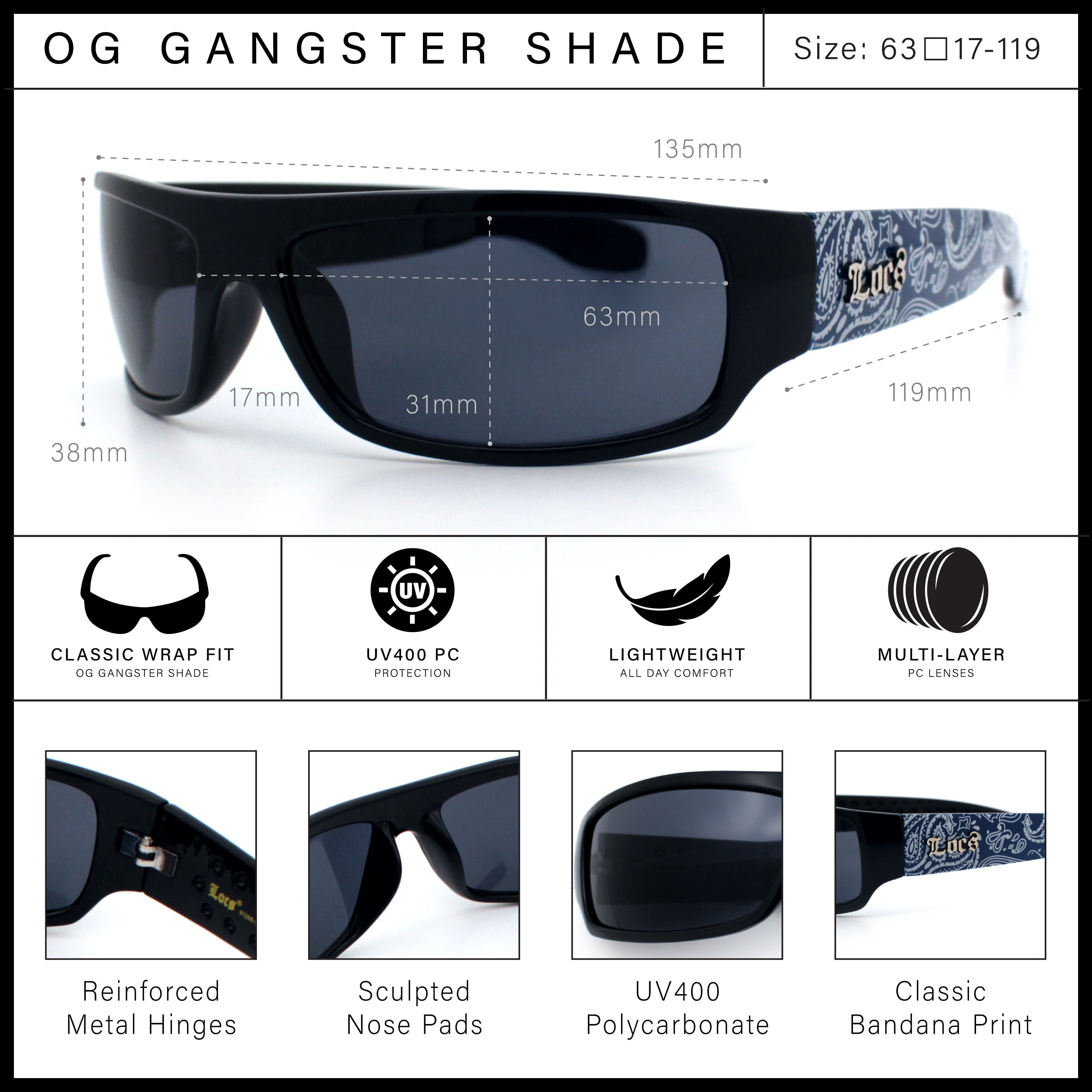 SA106 Locs Mad Dog Rectangle Sunglasses, Dark Black, Narrow Frame