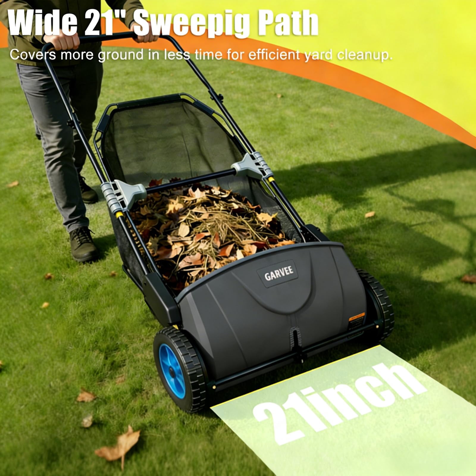 Push Lawn Sweeper 21-Inch – Manual Yard Sweeper with 3.5 Cu. Ft. Mesh Hopper, Dual Spinning Brushes, Steel Frame Leaf & Grass Collector for Lawn and Garden Cleanup