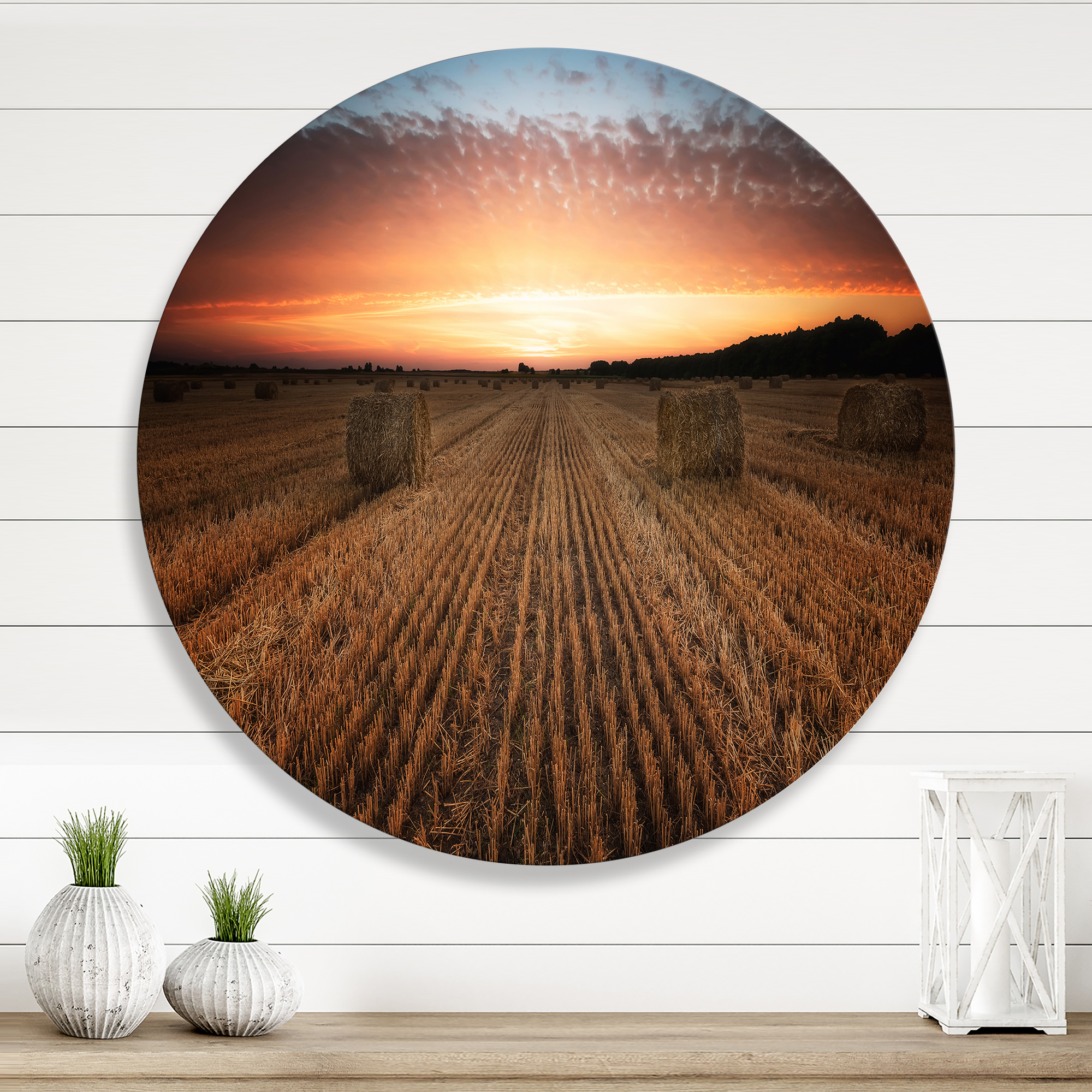 Designart 'A Field Full of Hay Bales At Sunset Landscape' Farmhouse Circle Metal Wall Art 11x11 - Disc of 11