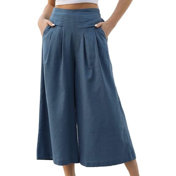 Women's Pants Fashion Casual Pants For Women Cotton Elastic Waist Wide Leg Capris Pocket Casual Loose
