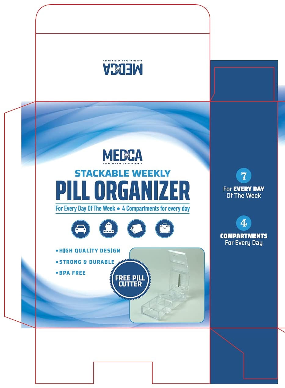 Weekly Pill Organizer with Pill Cutter - V-Grip Pill Splitter Stackable Pill Medicine, Vitamin Organizer with 4 Times-a-Day Daily Compartments, Pill Reminder with Stackable AM/PM Boxes