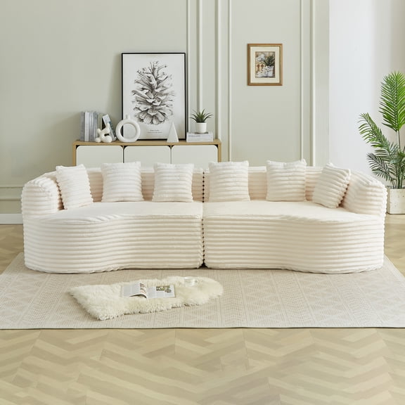 Leumius 111.5" Curved Sectional Sofa, Oversized Corduroy Modern Cloud Sofa with 6 Pillows,4 Seater Memory Foam Sofa with Deep Seat for Living Room,Beige Corduroy