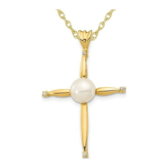 14K Yellow Gold Cross Pendant Necklace with Freshwater Cultured Pearl