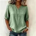 thumbnail image 2 of Womens Embroidered Cotton Linen Tops Summer Casual Boho Linen Mid Cuffed Sleeve Shirts V Neck Vacation Work Daily Blouses, L, 2 of 8